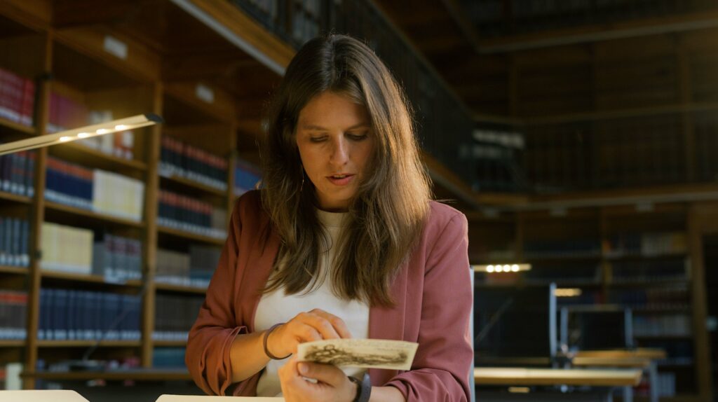Eine Frau sitzt in einer gedämpft beleuchteten Bibliothek an einem Tisch, eine kleine Lampe spendet Licht, während sie ein Schriftstück betrachtet.